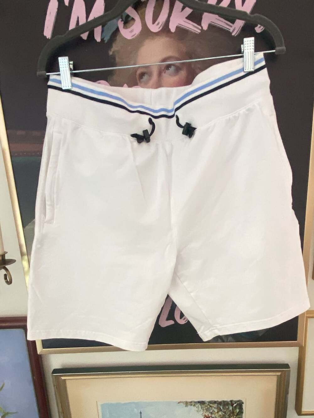 Psycho Bunny White Knit Drawstring Shorts with Striped Waistband and Leg Logo